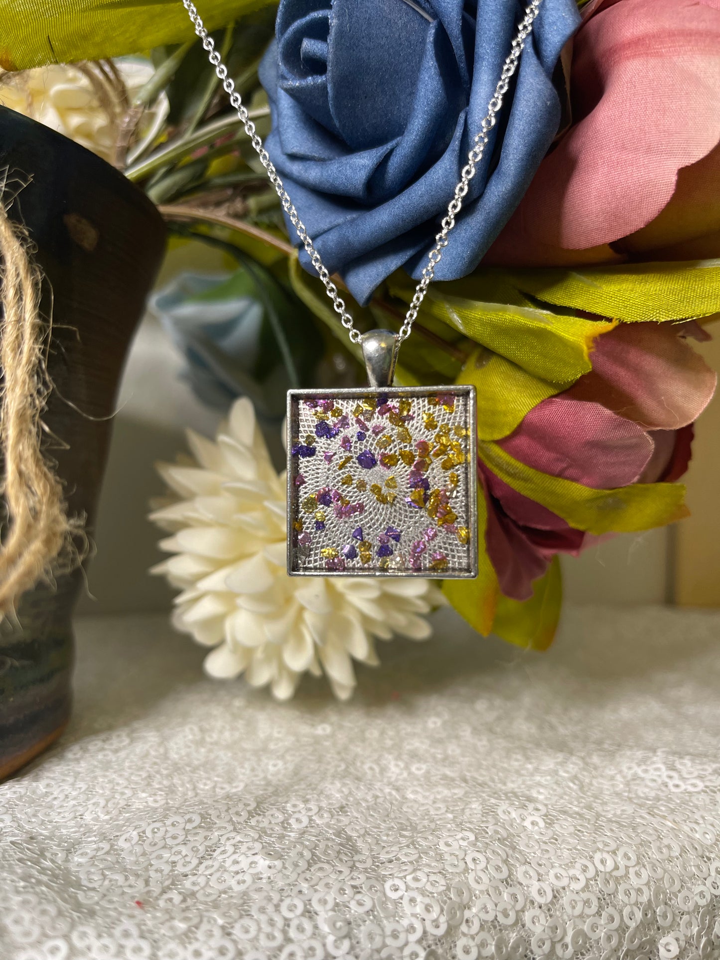 Pendant Necklace: Purple and Gold on Silver Plate