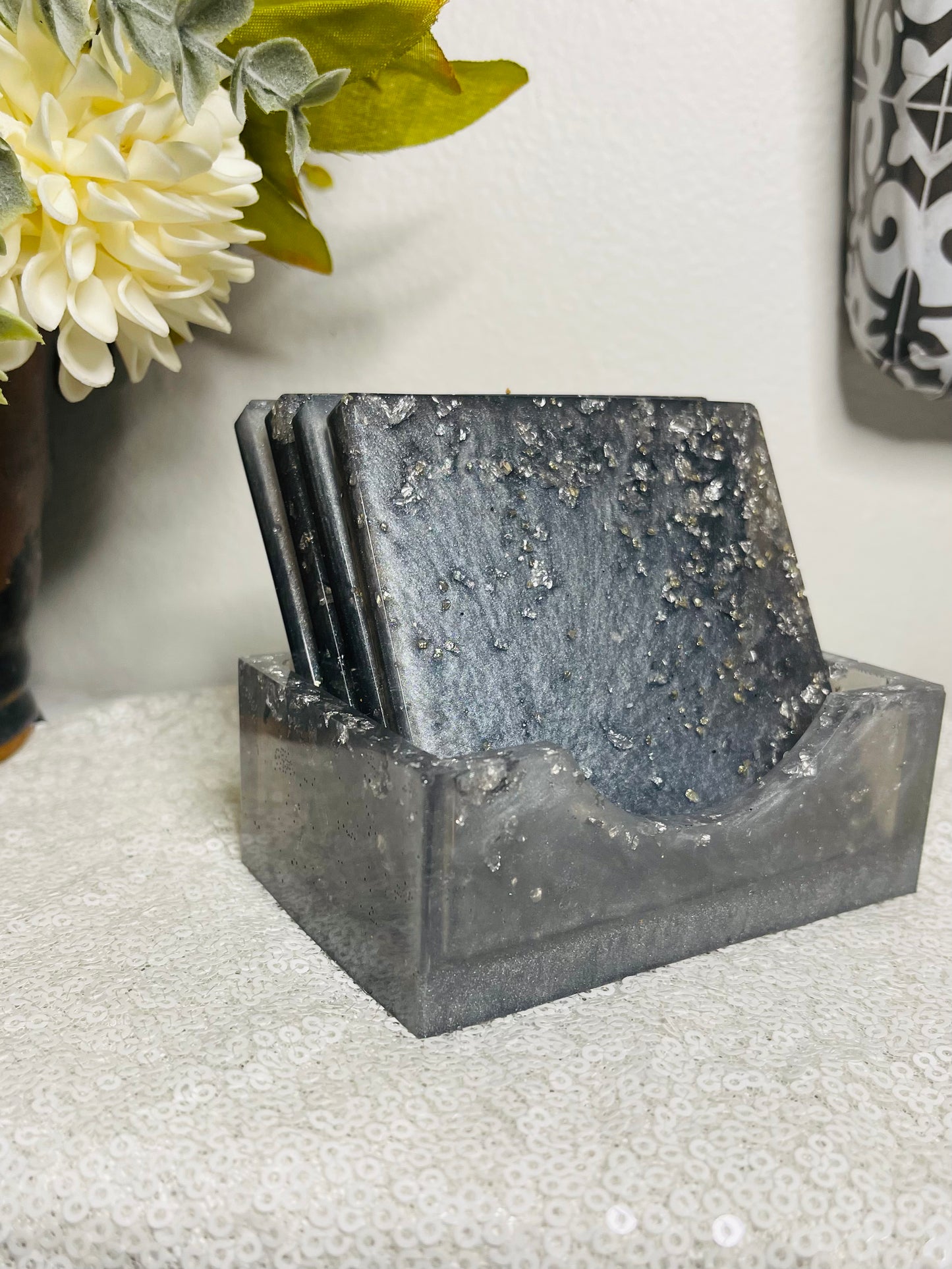 Square Coaster Set: Graphite and Silver